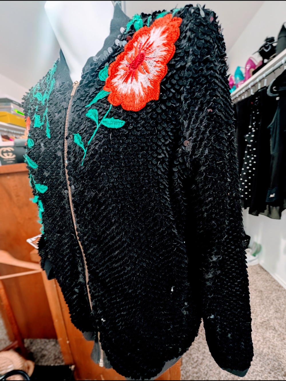 Gianni Bini Black Bomber Jacket with Red Floral Embroidery - Picture 4 of 6
